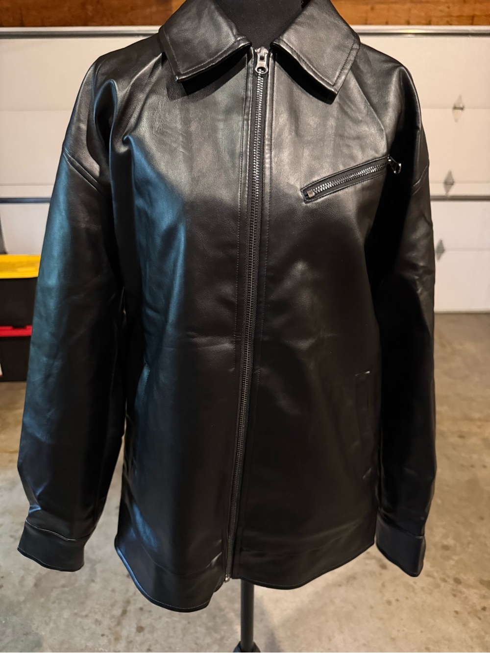 Men's Black Leather Zip Jacket with Chest Zip Pocket